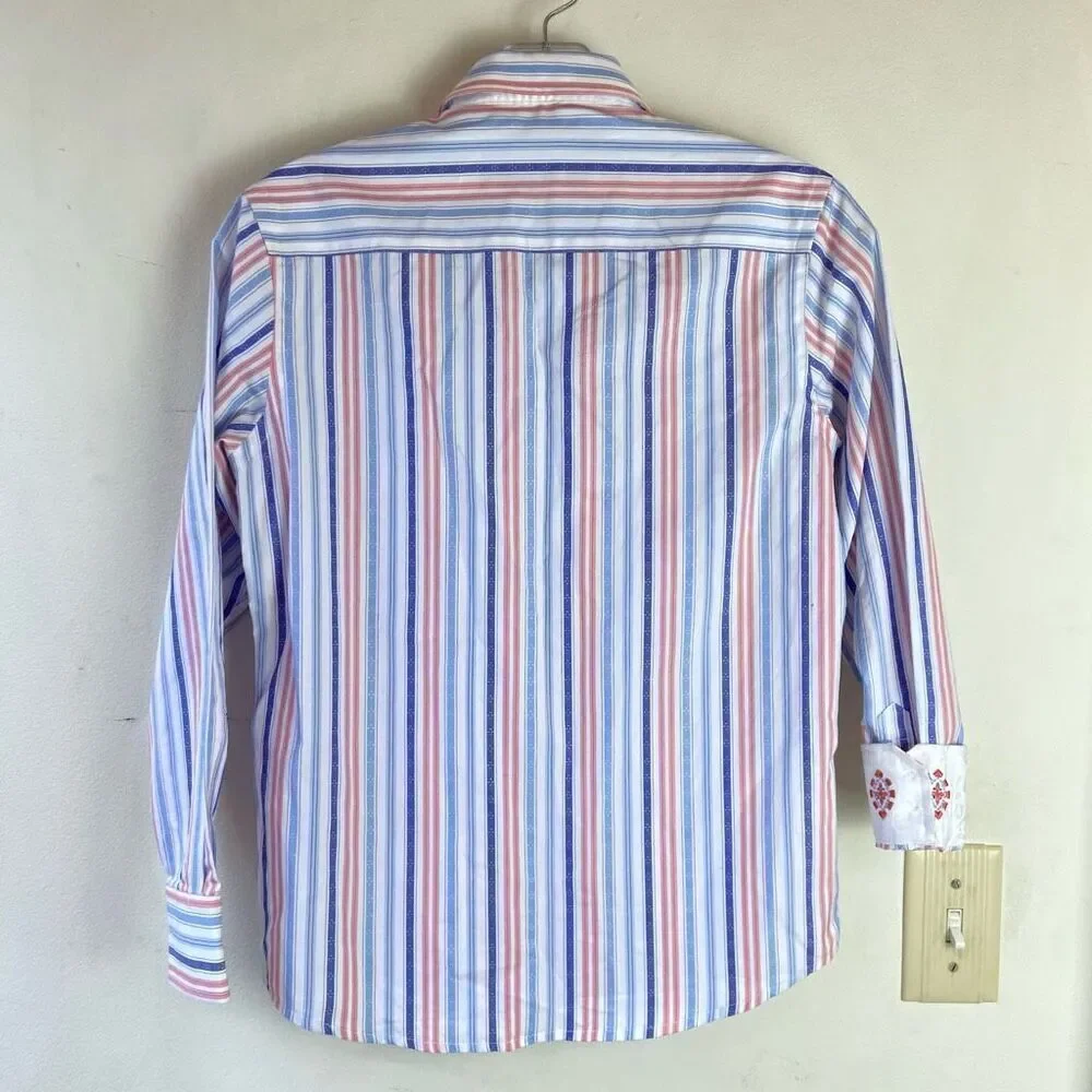 Boys Youth 100% Cotton White Blue and Salmon Button-Up Dress Sport Shirt